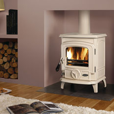 Cream-colored wood-burning stove, cozy living room setting