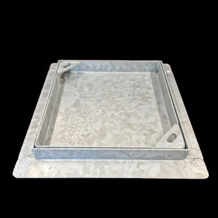 Metallic square frame with a centered rectangle and a silver background.