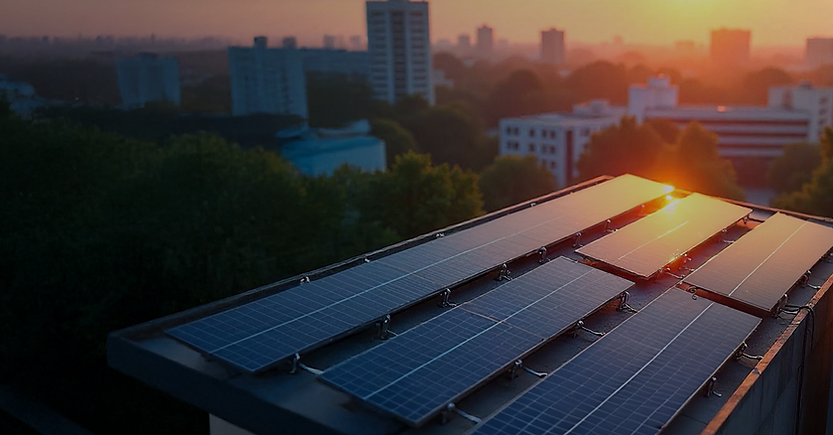 Solar panels on a rooftop at sunset with city view.