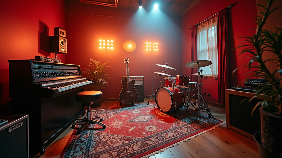 Eye-level view of a vibrant music studio with instruments and equipment