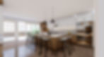 3D design rendering of a kitchen with a wood island, white upper cabinets, pendant lights, and bar stools
