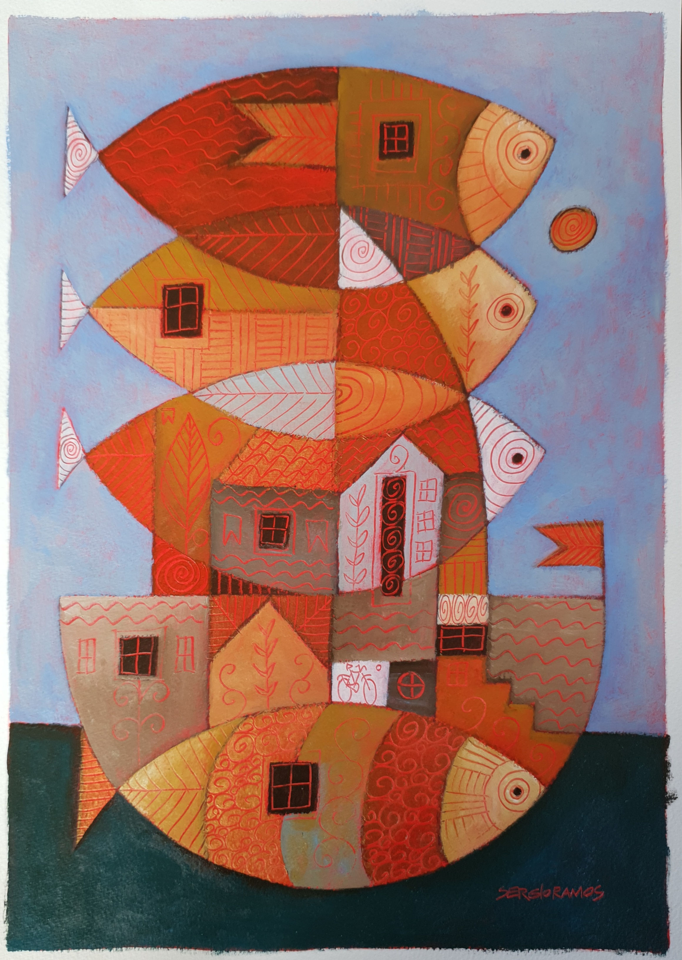 Pintura de arca barroca 42x30 com peixes geométricos empilhados.
