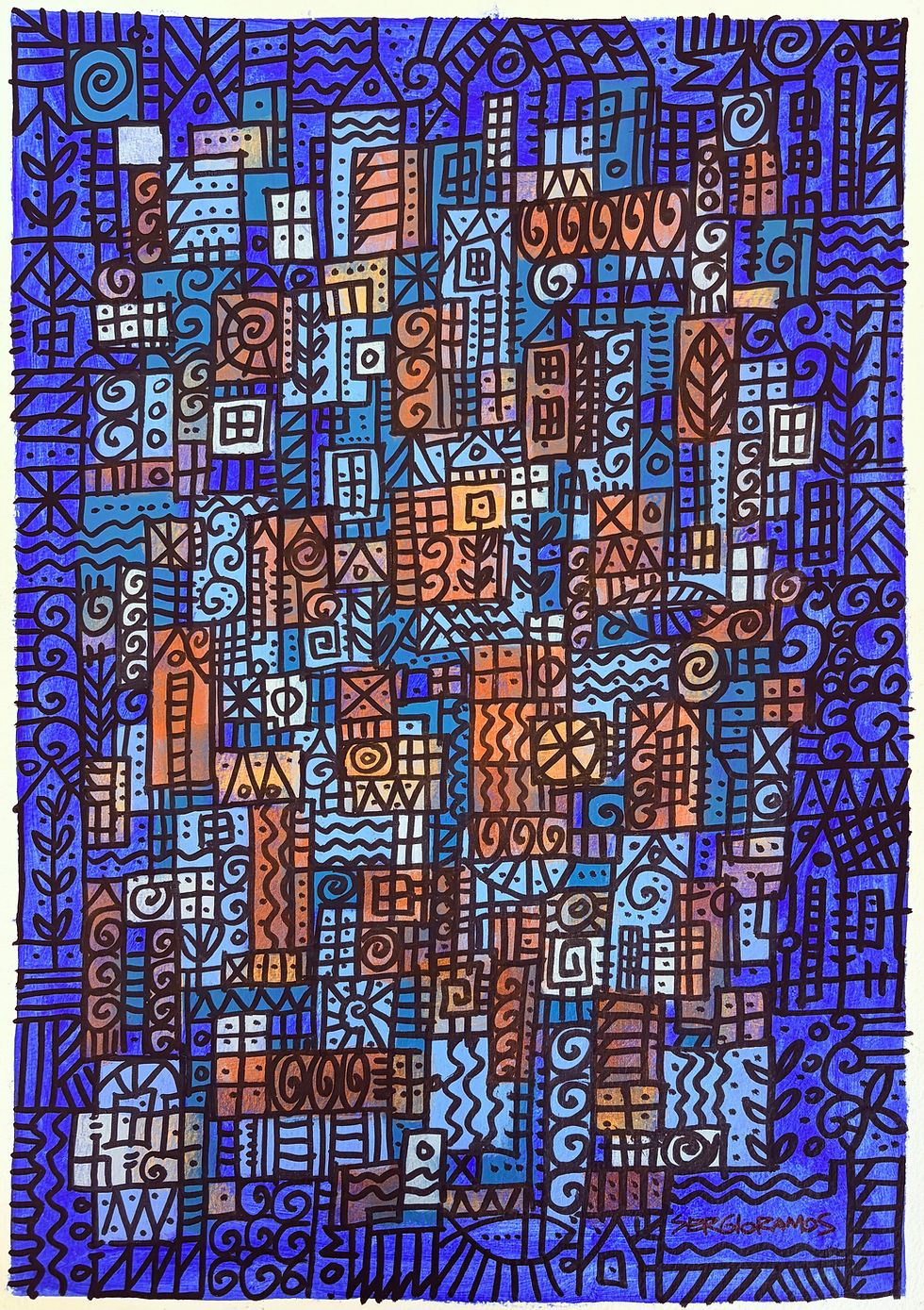 Arca Barroca 42x30 com padrões geométricos e abstratos azuis.