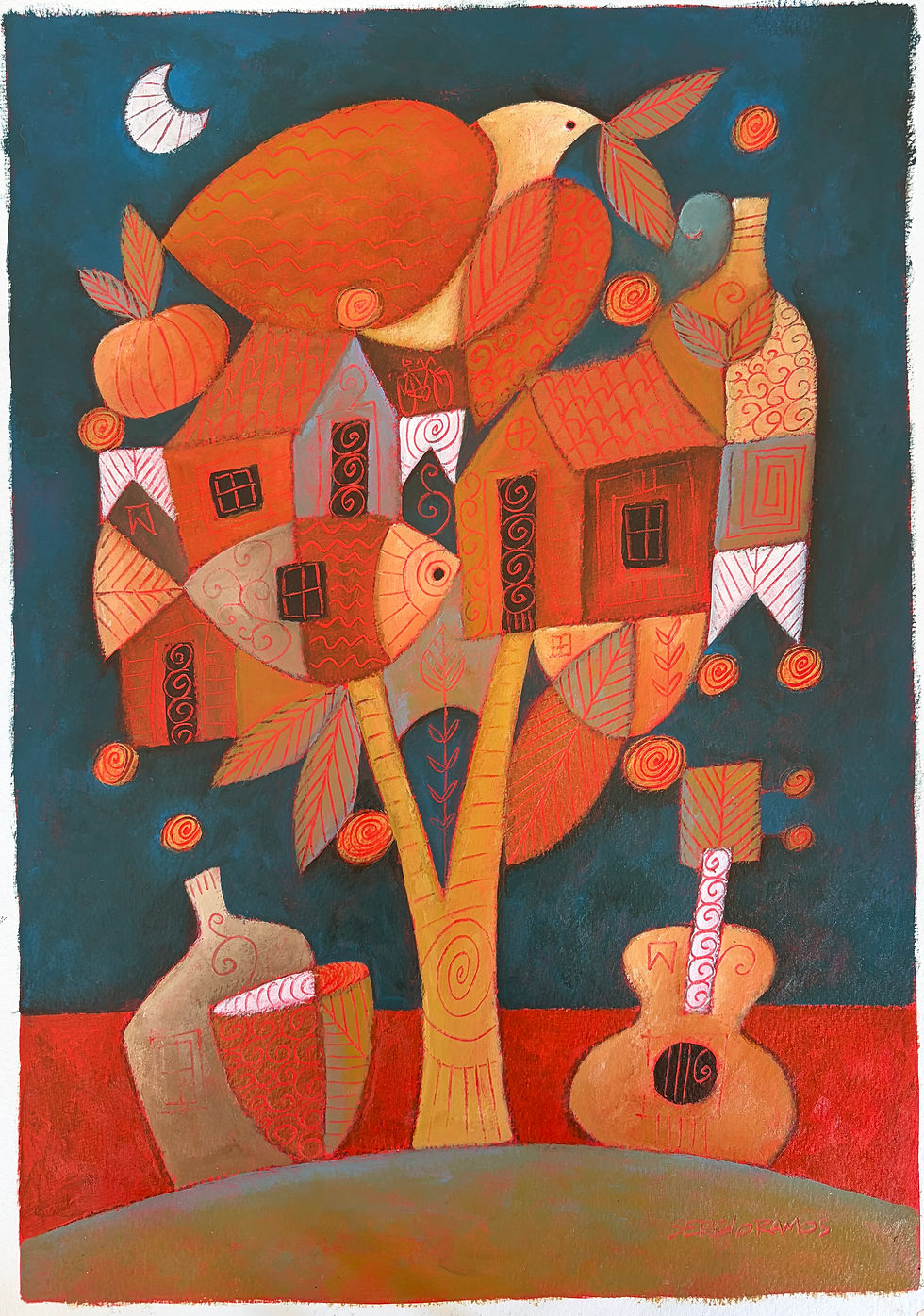 Arca barroca 42x30: pintura de árvore com casas, peixe e violão.