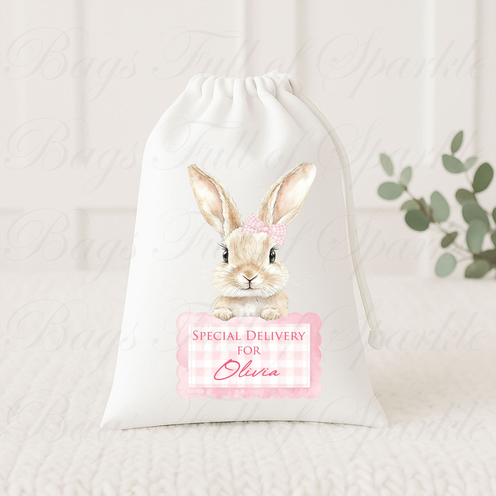 Personalised Easter Mini Sack - Pink Gingham Bunny