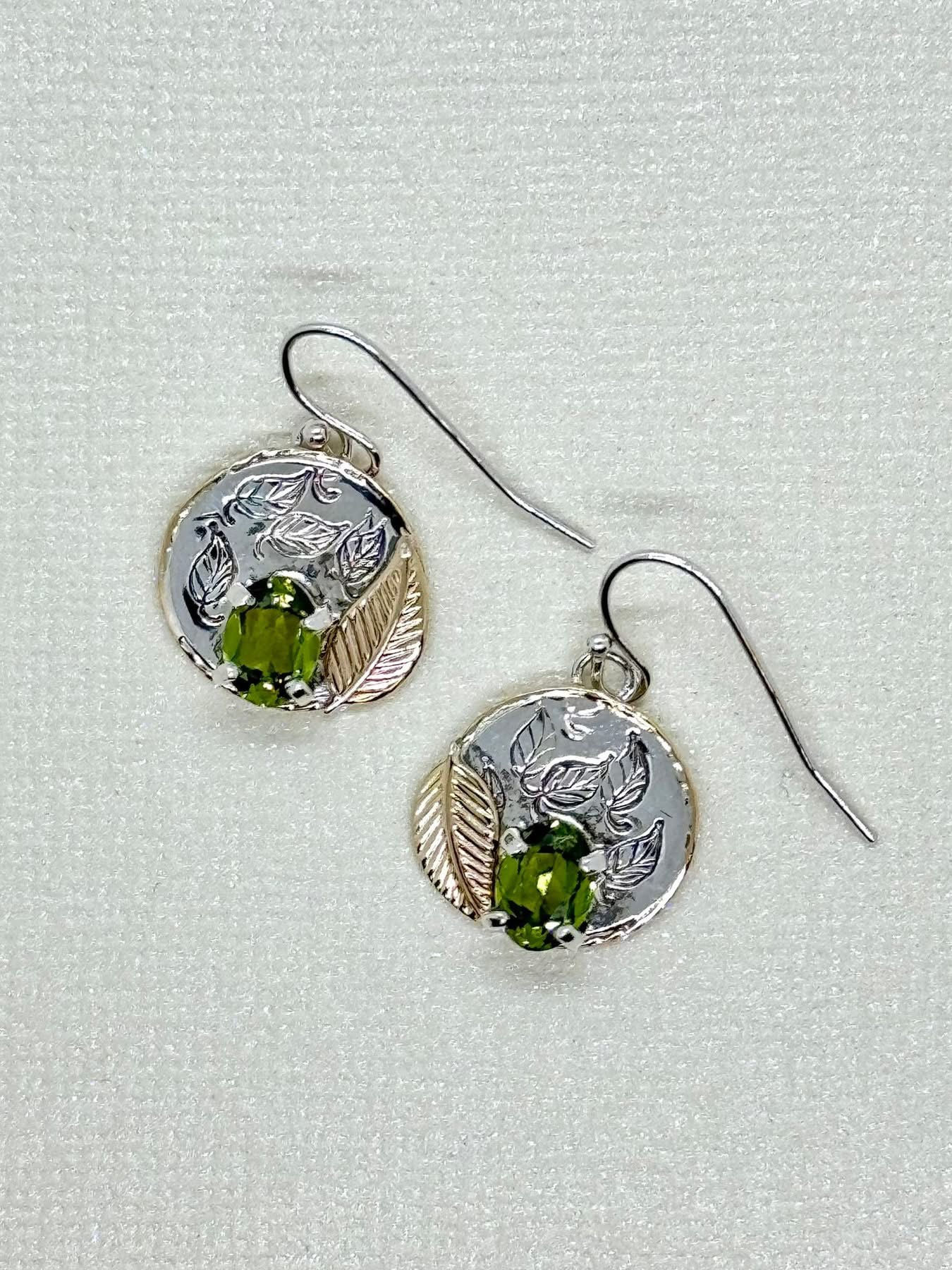 Silver Leaf Imitation Peridot Earrings with 14K Gold Filled Accents
