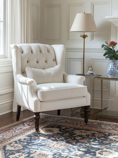 Eye-level view of a cozy corner with a soft chair and a small table holding a cup of tea and a candle