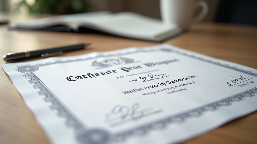 Close-up view of a certificate of completion for peer mentor training on a wooden desk