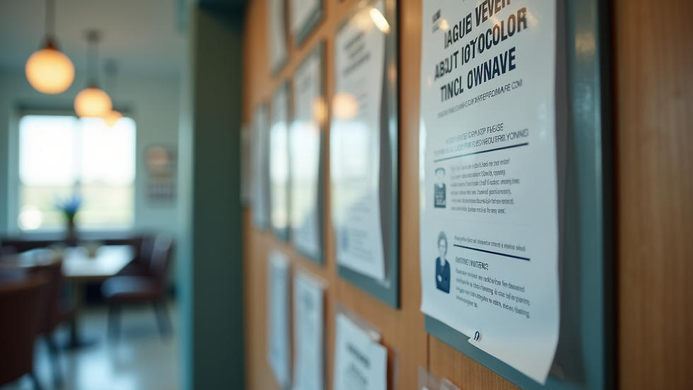 Close-up view of a community center bulletin board with addiction recovery flyers