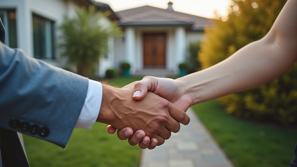 Eye-level view of a person shaking hands with a cash buyer in front of a house