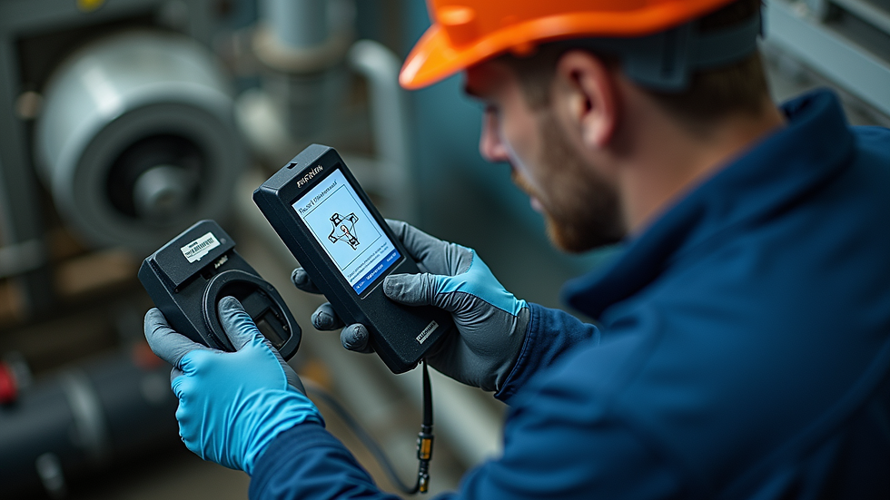 High angle view of a technician using non-destructive leak detection equipment
