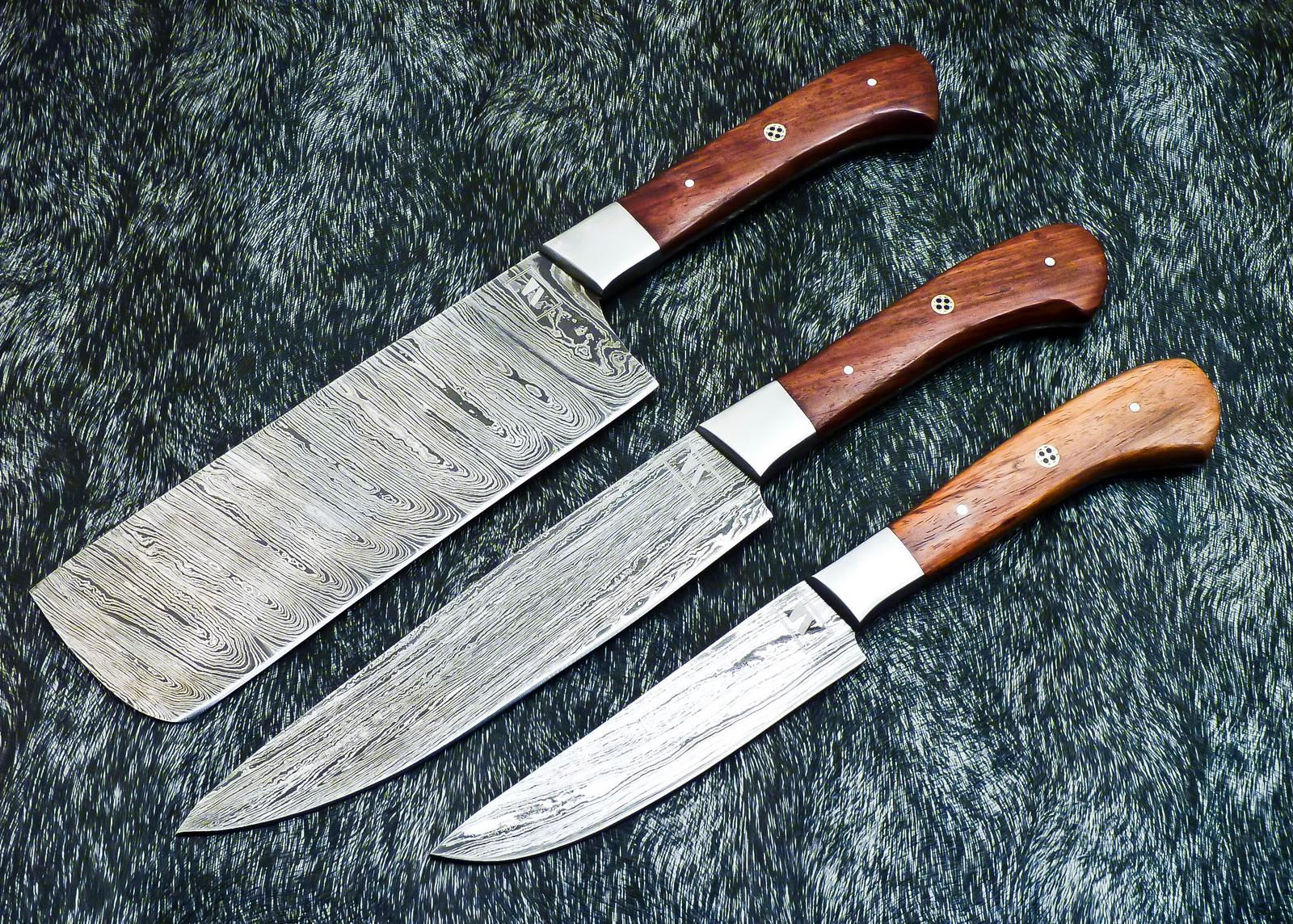 Handmade Damascus Steel Chef Set with Wood Handle(3pc)