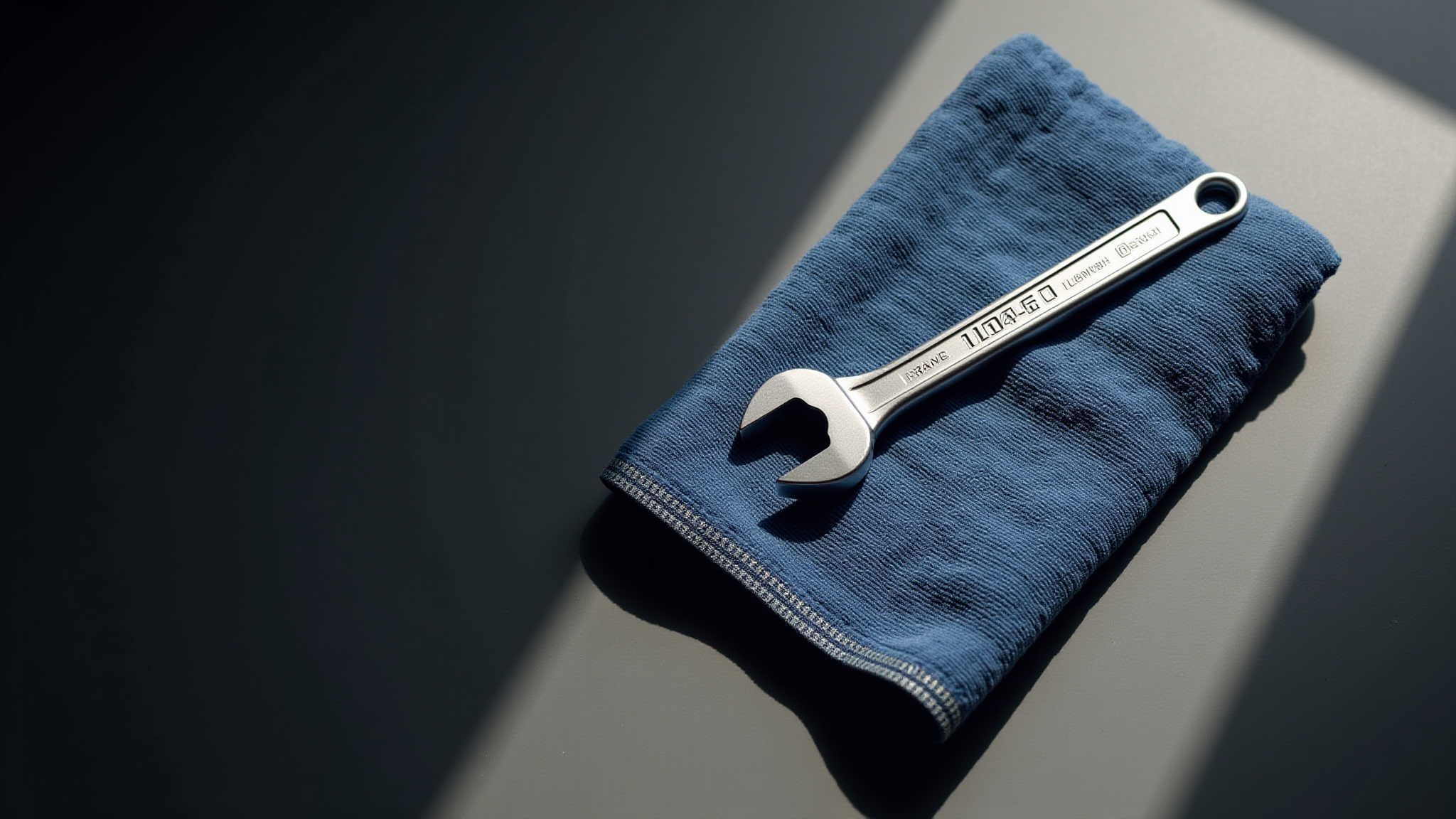 Silver wrench on blue cloth