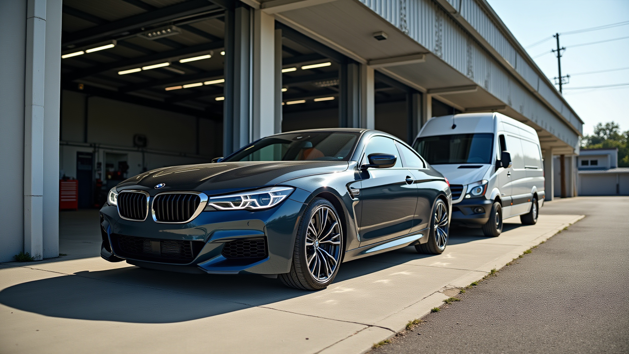 Dark gray BMW parked near van