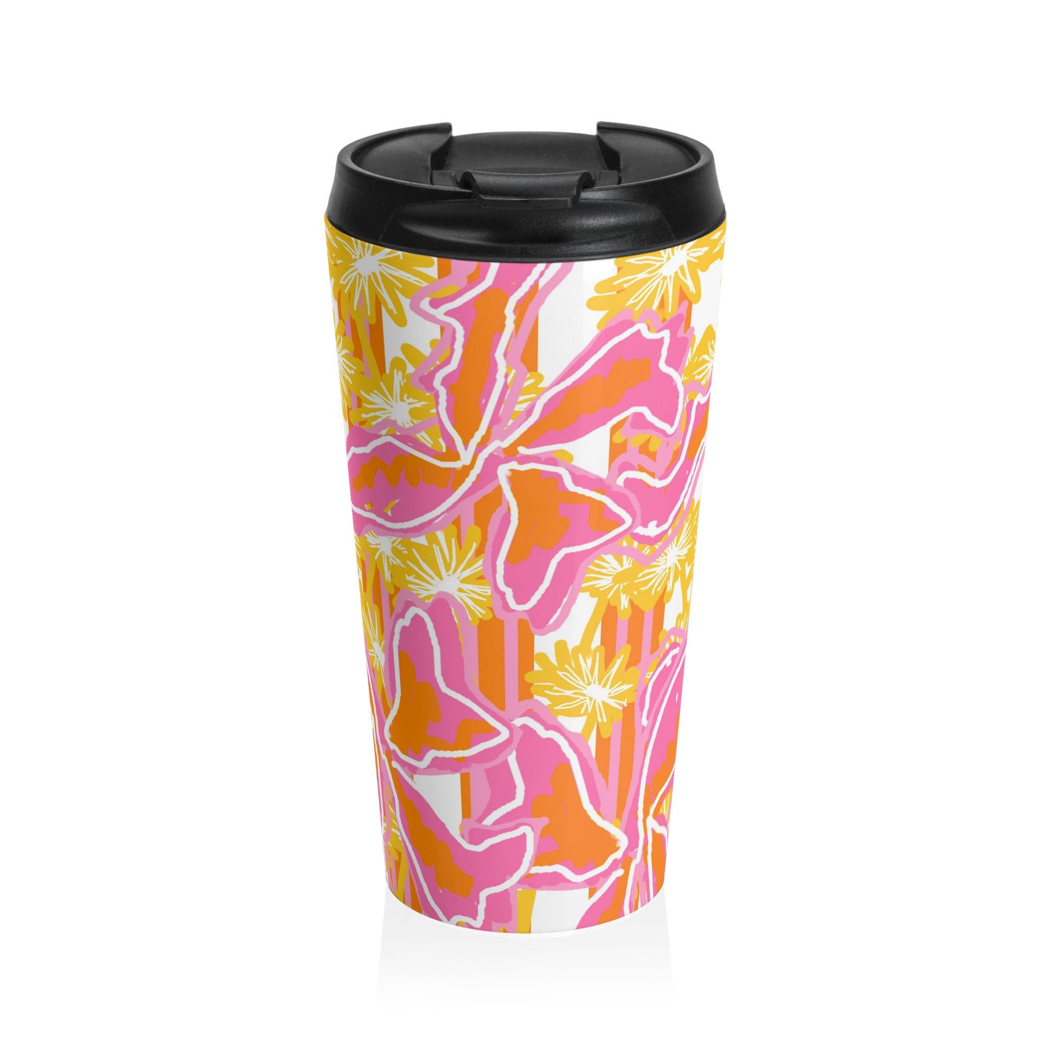 Floral Pop Stainless Steel Travel Mug — Pink & Orange Tropical Pattern