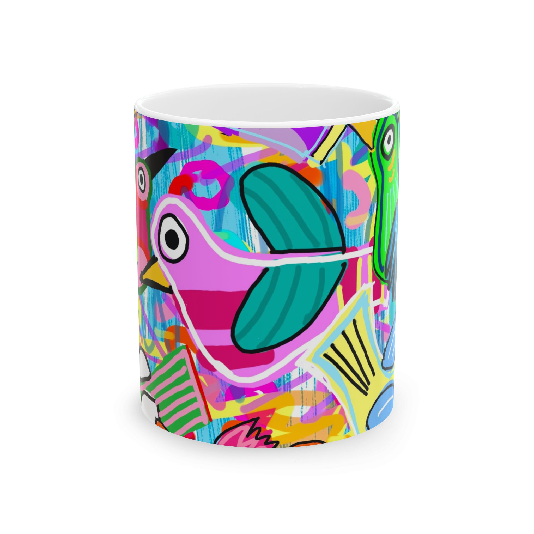 Colorful Pop Art Bird Ceramic Mug — Bright Whimsical 11oz/15oz Coffee Cup