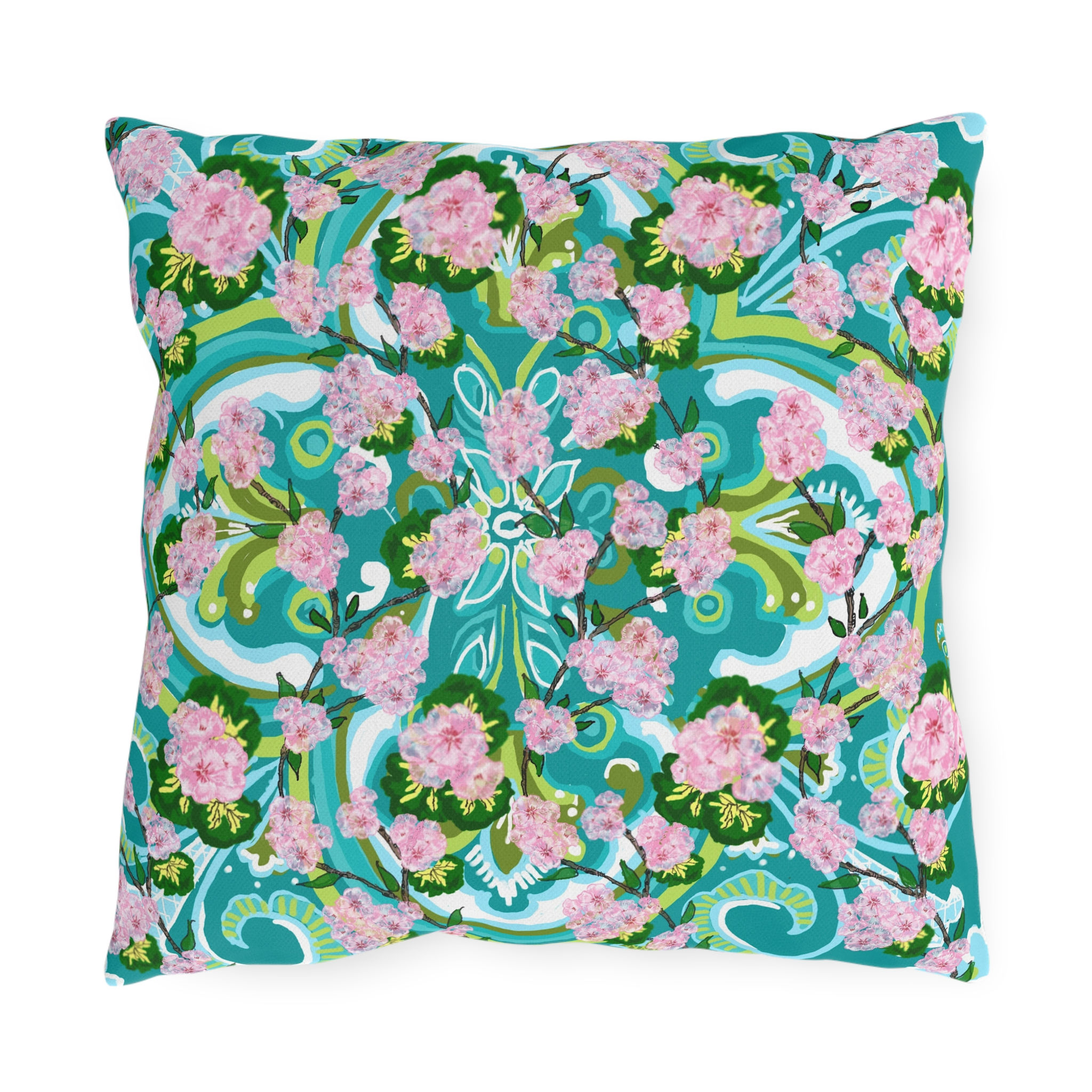 Floral Medallion Outdoor Pillow — Pink Blossoms on Teal Patio Cushion