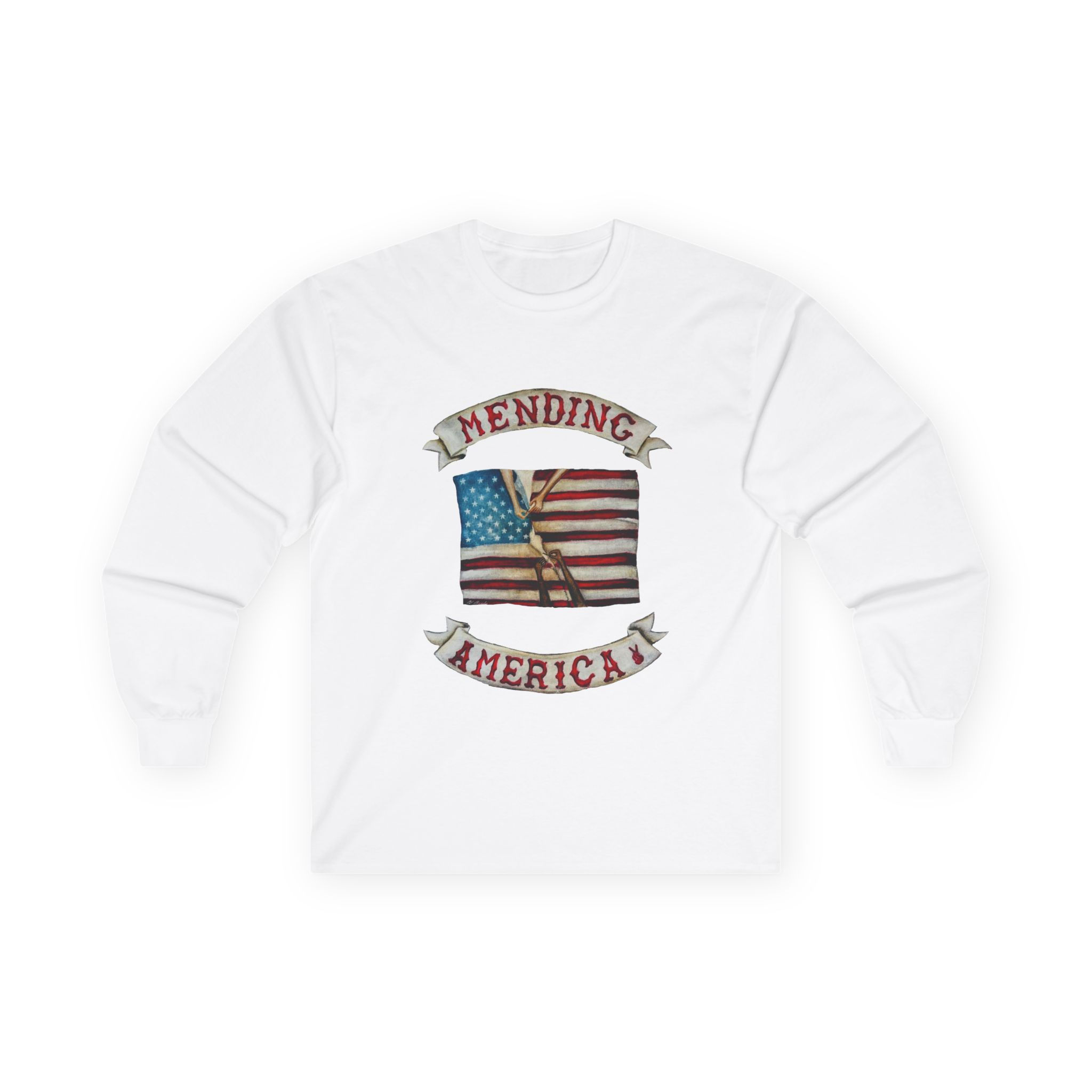 Mending America Long Sleeve Tee — Vintage Flag Repair Graphic /Front Motif