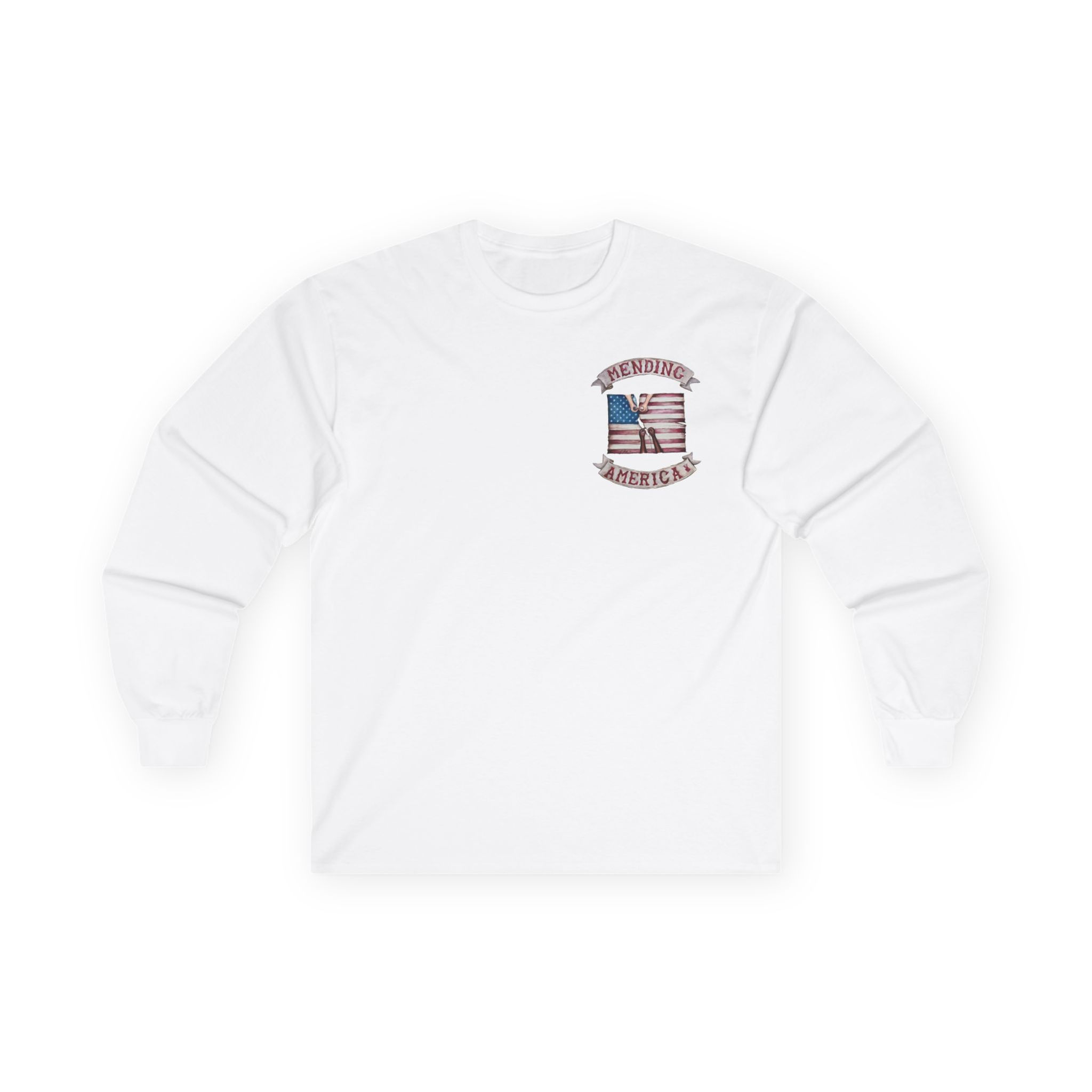 Long Sleeve Tee — "Mending America" American Flag Repair "/ Large Motif on Back
