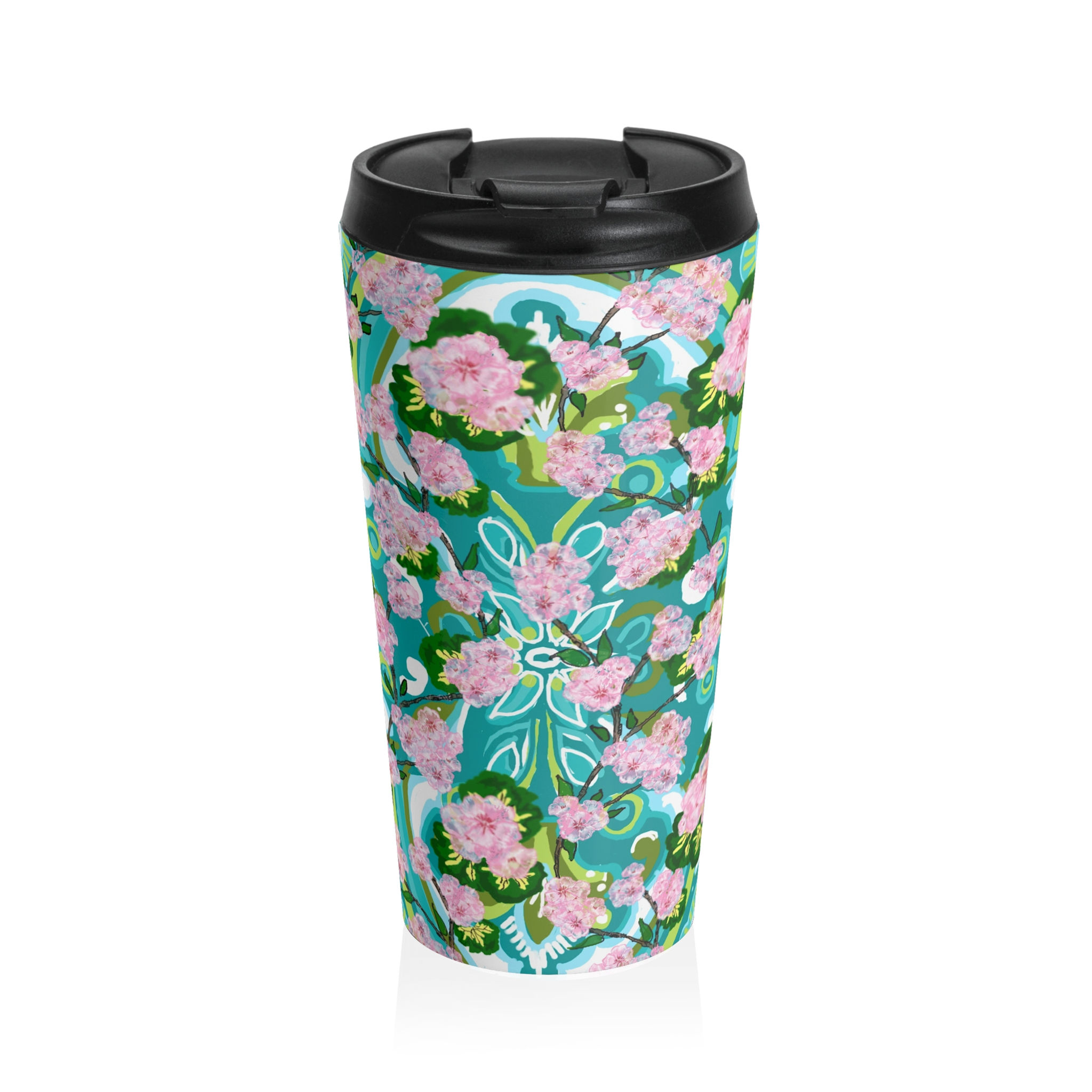 Floral Hydrangea Travel Mug — Pink Blooms on Teal Stainless Steel Tumbler