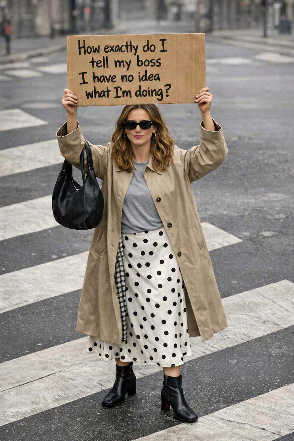 A person stands on a city crosswalk holding a cardboard sign overhead that reads, “How exactly do I tell my boss I have no idea what I'm doing?” They wear sunglasses, a beige trench coat, a gray shirt, a white polka‑dot skirt, black ankle boots, and carry a black handbag.