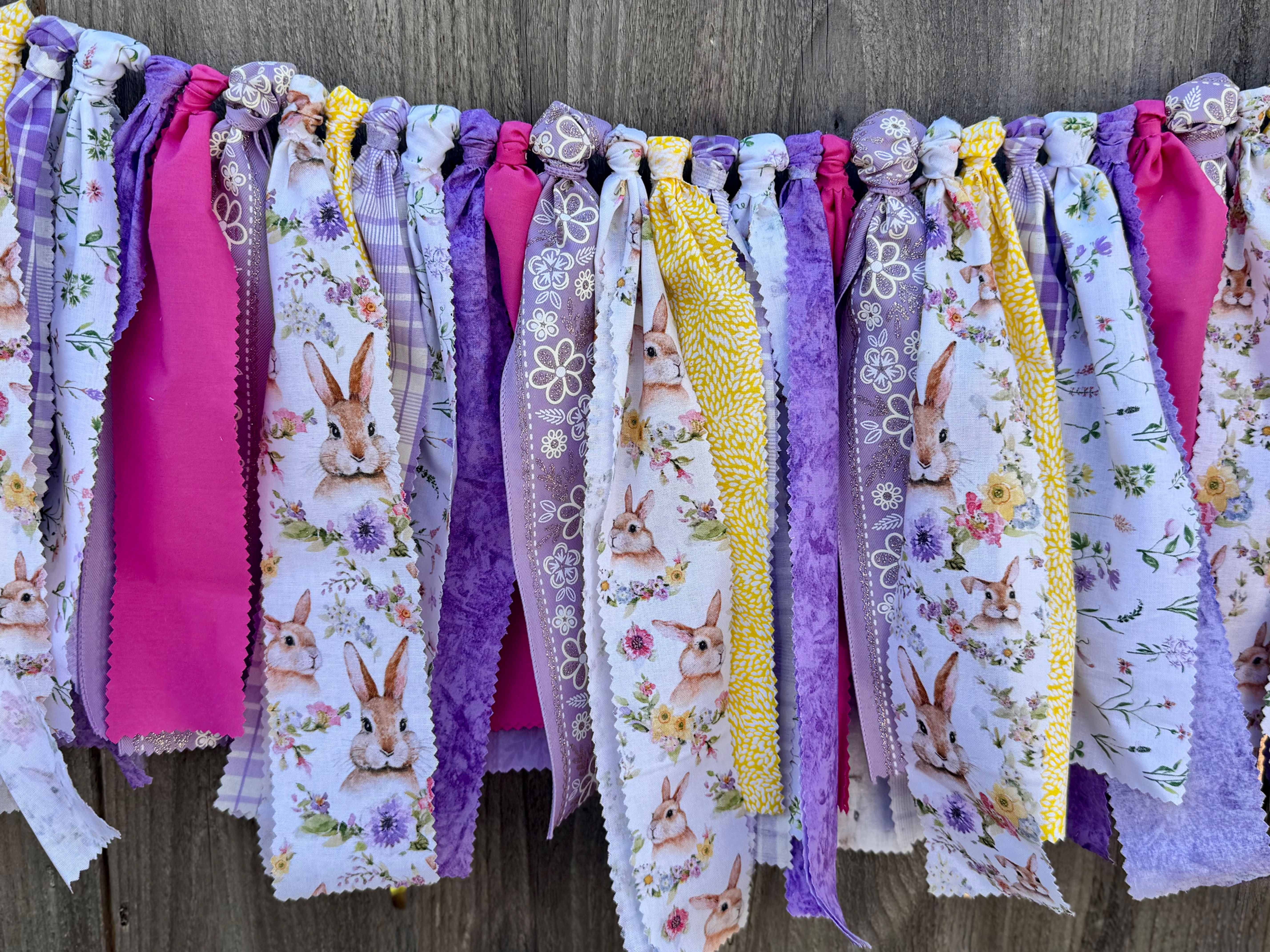 Easter Bunny Rag Garland| Purple and Yellow Spring Fabric Bunting| Pastel Photo
