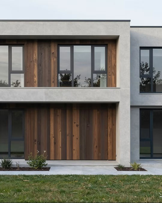 Modern building with concrete and wood facade, showing Landlords and Builders our expertise