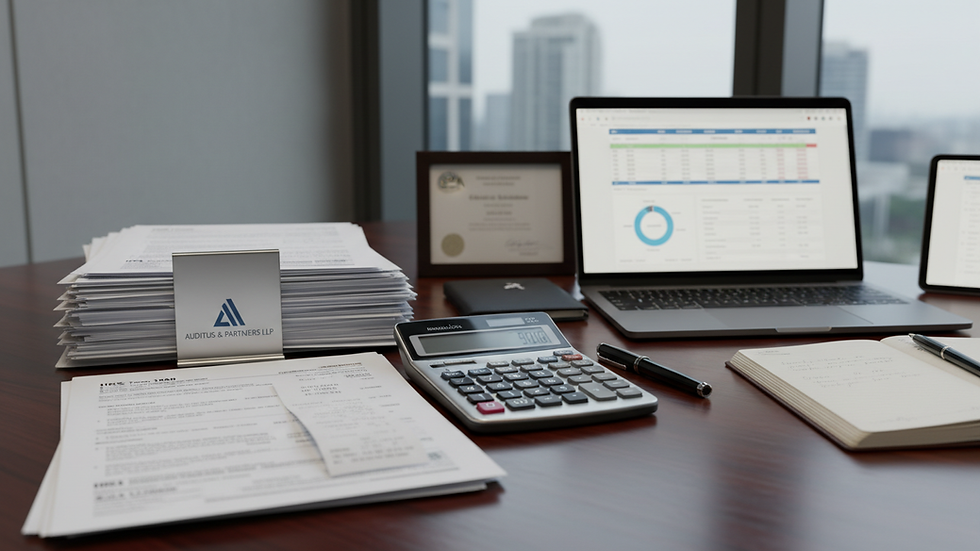 Eye-level view of a desk with tax documents and a calculator