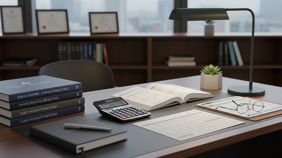 Eye-level view of a tidy office desk with financial documents and a calculator