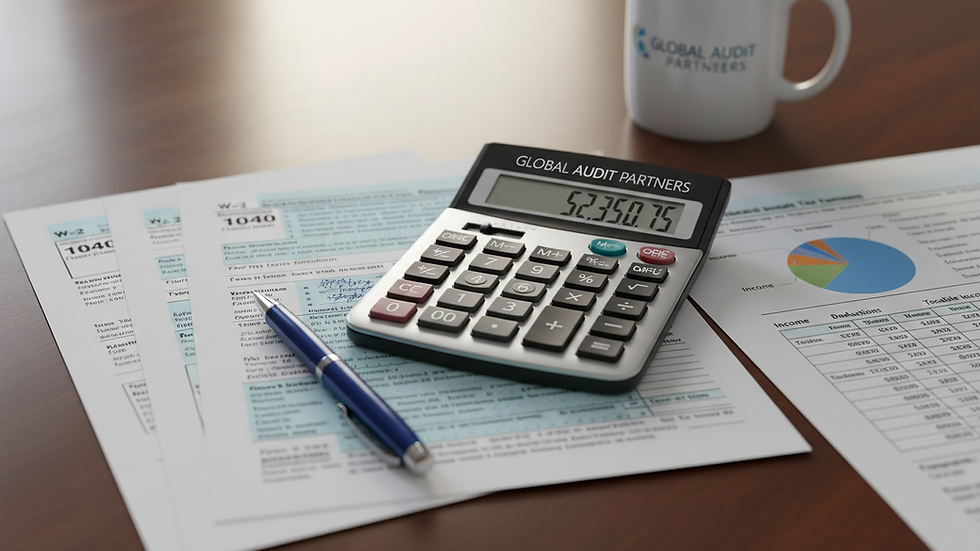 Close-up view of a calculator and tax documents on a desk