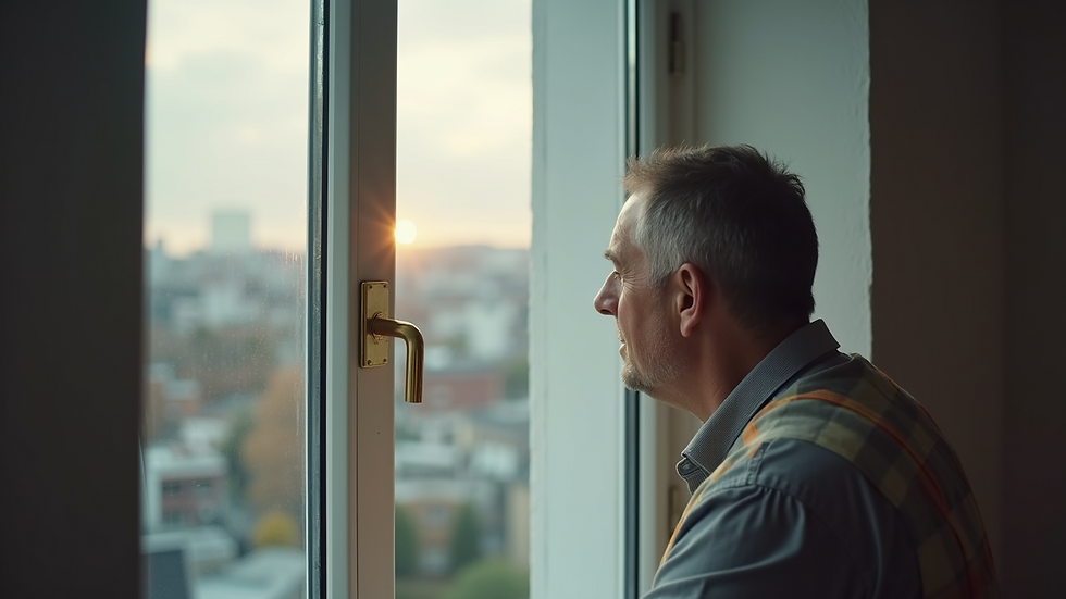 Close-up view of a landlord inspecting a newly repaired window