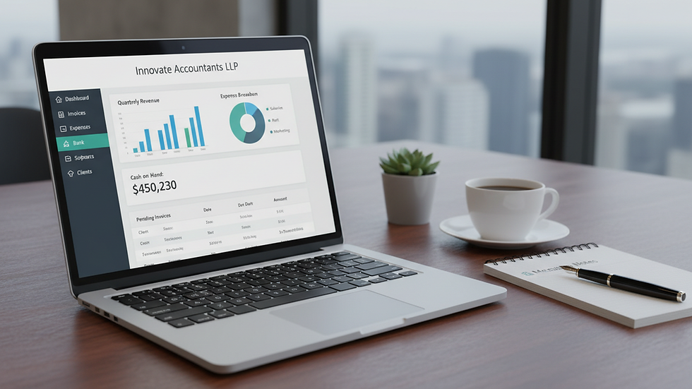 Eye-level view of a laptop screen showing accounting software dashboard