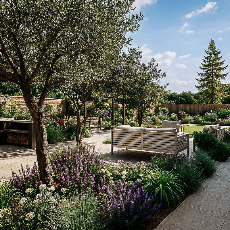 Luxury entertaining garden in Chislehurst featuring sawn sandstone paving, olive trees, contemporary garden seating, and layered planting – Luxury Gardens London.