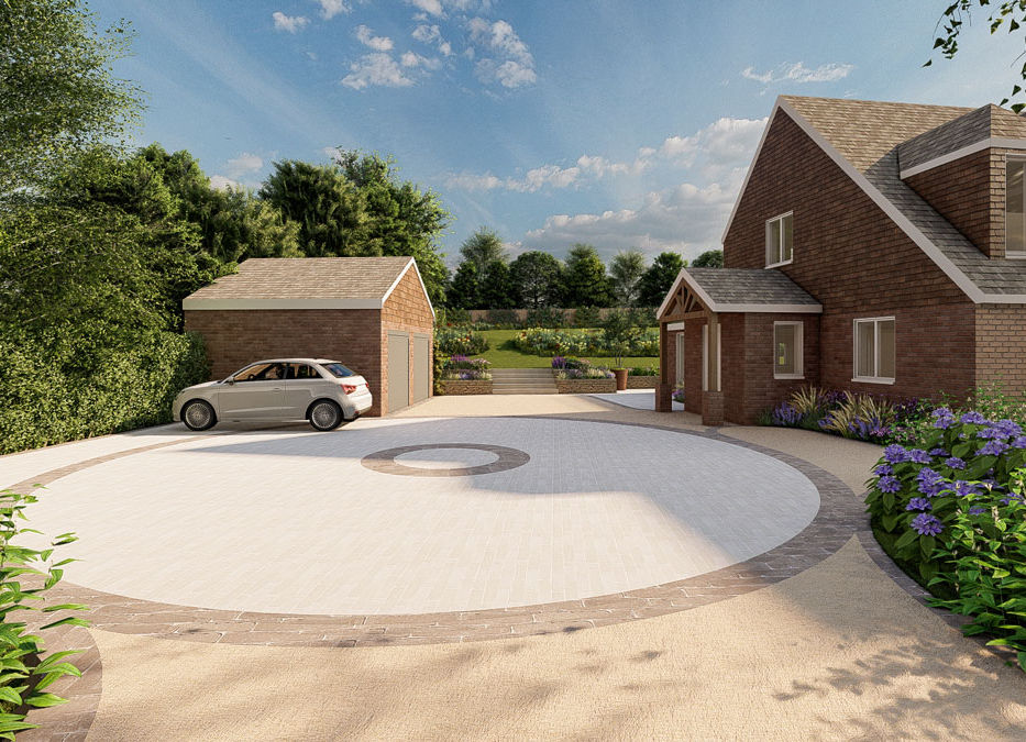 A beautifully designed luxury garden and driveway in Kent, featuring a spacious circular driveway with elegant stone paving leading to a stunning brick home and garage. The landscape garden design includes lush greenery, colourful flower beds, and carefully structured pathways that enhance the large garden’s aesthetic appeal. This outdoor space is perfect for an entertaining family garden, offering a harmonious blend of functionality and beauty