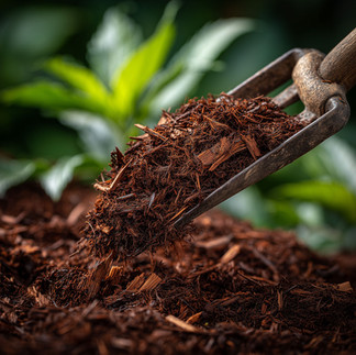 Close-up of fine composted bark mulch being spread with a garden fork, rich organic texture used in Luxury Gardens planting and landscaping.