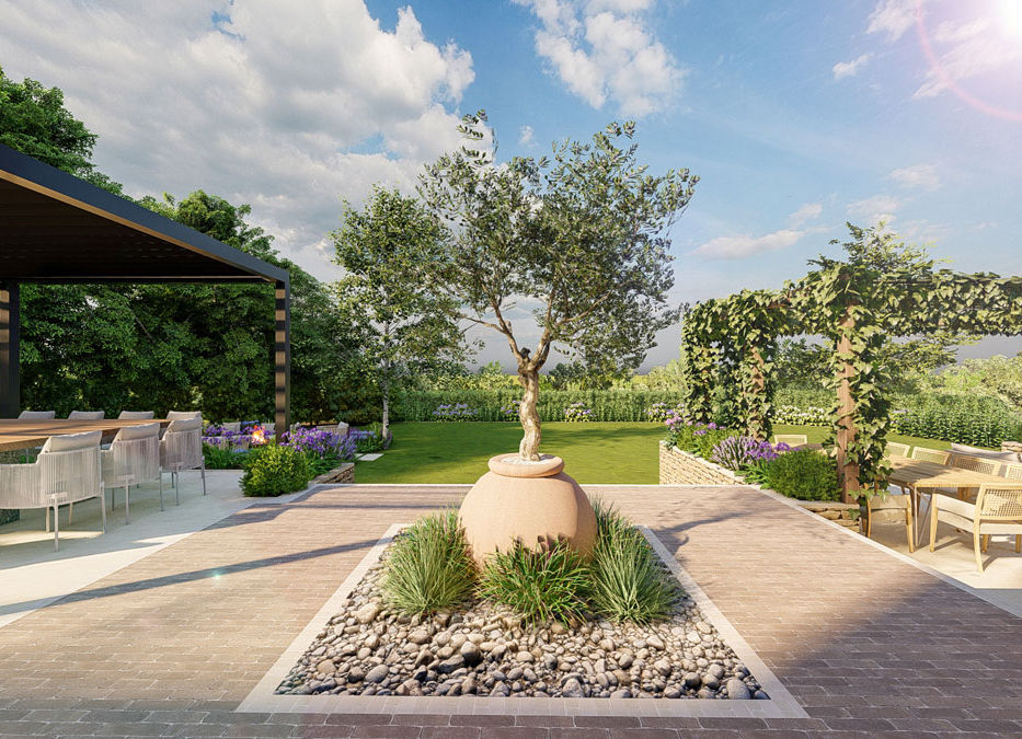 A stunning luxury garden in Kent featuring a beautifully designed outdoor entertaining space. At the centre, an elegant olive jar planter with a striking olive tree serves as a focal point, surrounded by decorative stones and lush greenery. The landscape garden design includes a modern pergola covering a sophisticated outdoor dining area, along with a vine-covered seating area for relaxation. This large garden design blends natural beauty with stylish architecture, creating the perfect entertaining family garden. Garden design by Elsia Montalti, Design Director at Luxury Gardens.