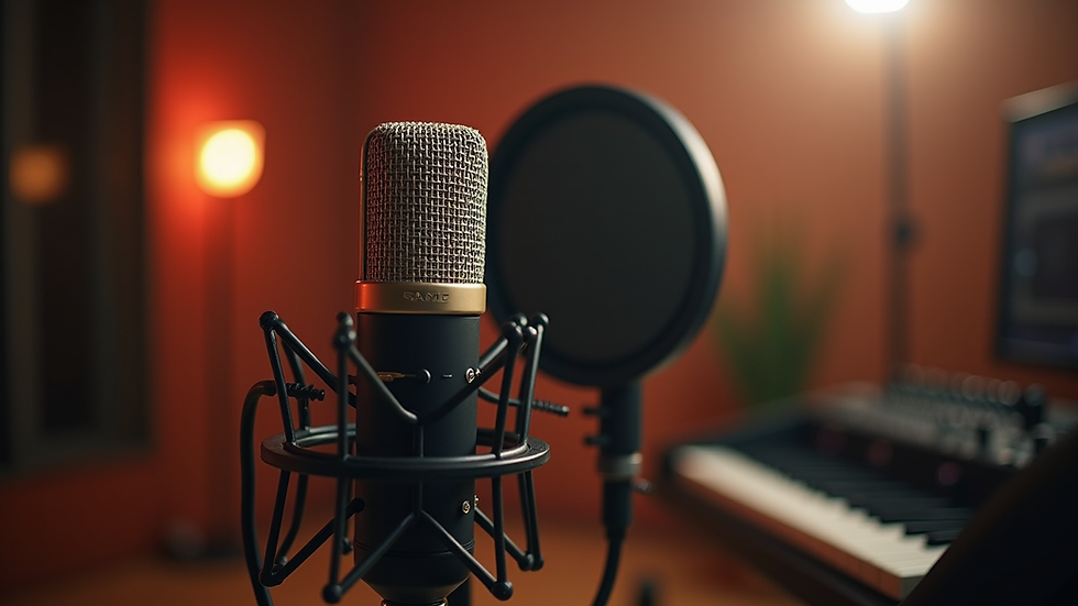 Eye-level view of a professional microphone in a recording studio