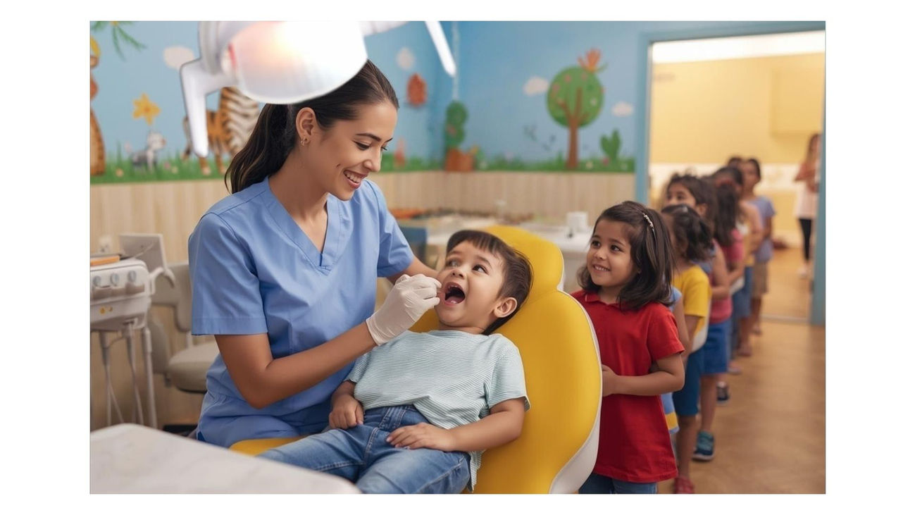 Vien Denta çocuk diş hekimi (pedodontist), renkli ve çocuk dostu klinikte, koltukta oturan erkek çocuğunun dişlerini güler yüzle muayene ediyor.