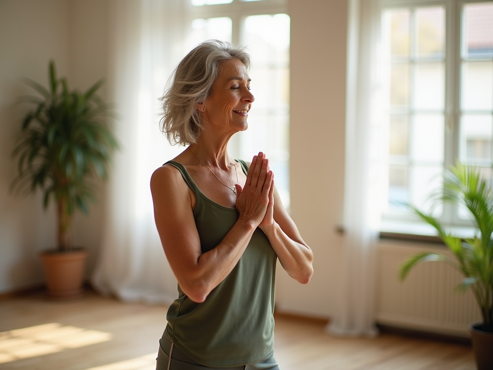 Eye-level view of a woman practicing gentle yoga in a cozy living room with soft natural light