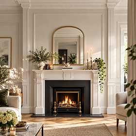 Elegant period living room with cream fireplace and decorative wall mouldings