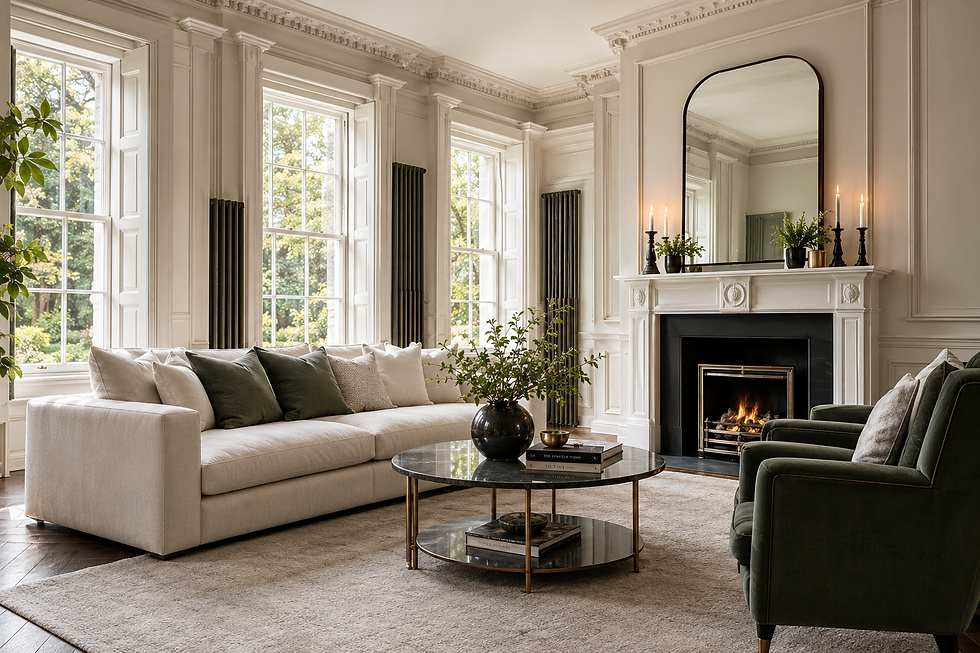 Elegant living room with neutral painted walls, decorative mouldings and a fireplace