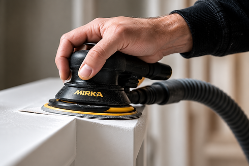 Professional orbital sander with dust extraction preparing painted woodwork