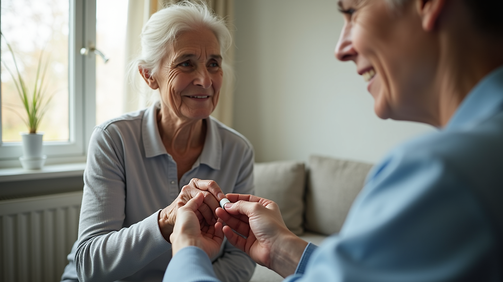 Eye-level view of a caregiver assisting an elderly woman with medication at home