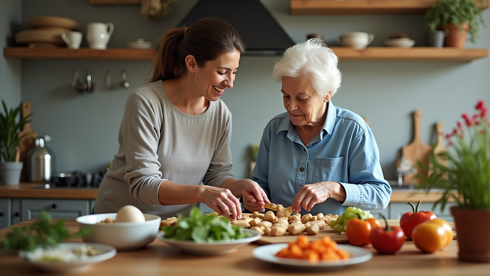 Eye-level view of a caregiver assisting an elderly woman with meal preparation in a cozy kitchen