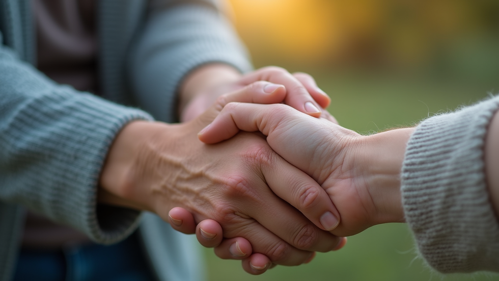 Close-up view of a caregiver’s hand gently holding a senior’s hand