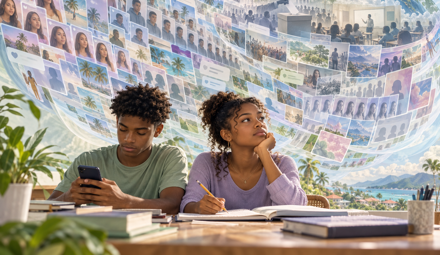 Teenage boy and girl amid the Digital Swirl