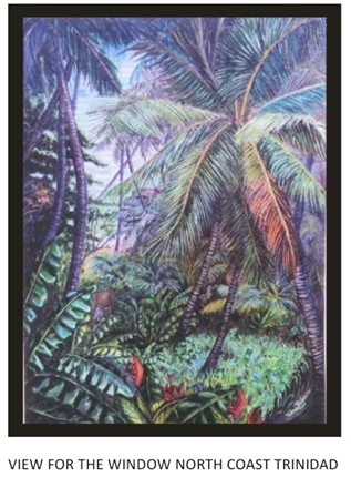 A vibrant painting of a lush, tropical jungle with palm trees and flowers, overlooking a blue sea.