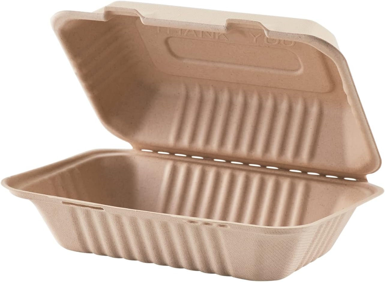 9" x 6" x 3" Bagasse Hinged Container, 200/Cs