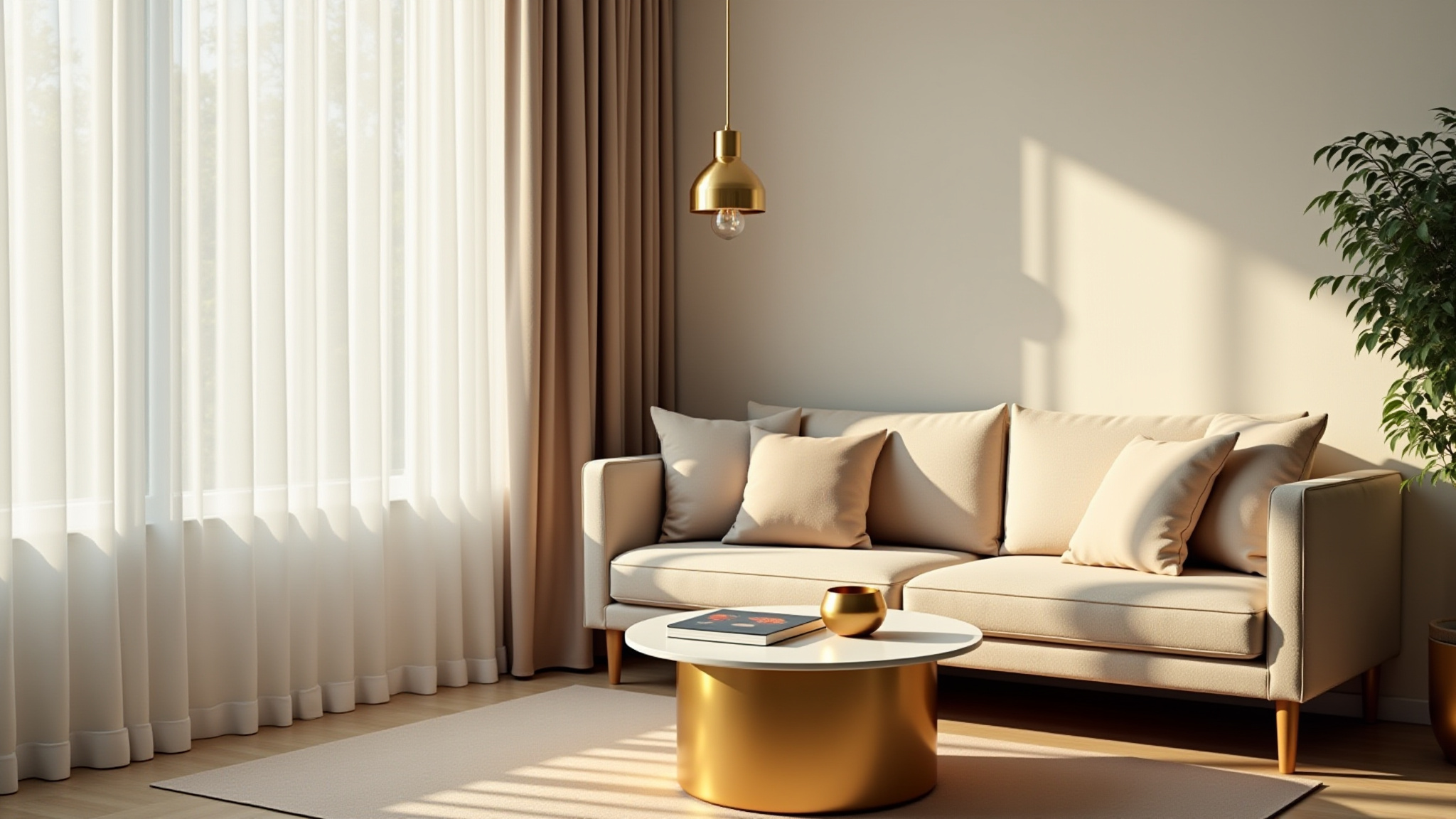 Inviting neutral modern office with sunshine coming through a window, highlighting a couch, table, and brass accents