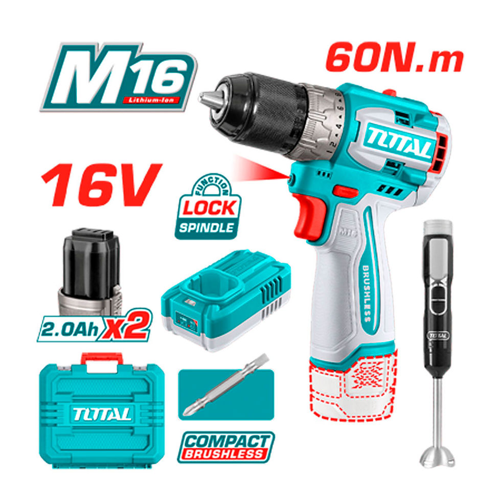 Combo Taladro atornillador 16 V 2 A 60 N.m + Batidora de mano 2X2.0AH - TOTAL